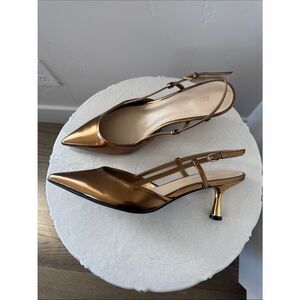 Nine West Metallic Bronze Pointed Toe Slingback Kitten Heels Pumps Size 9 NWOB